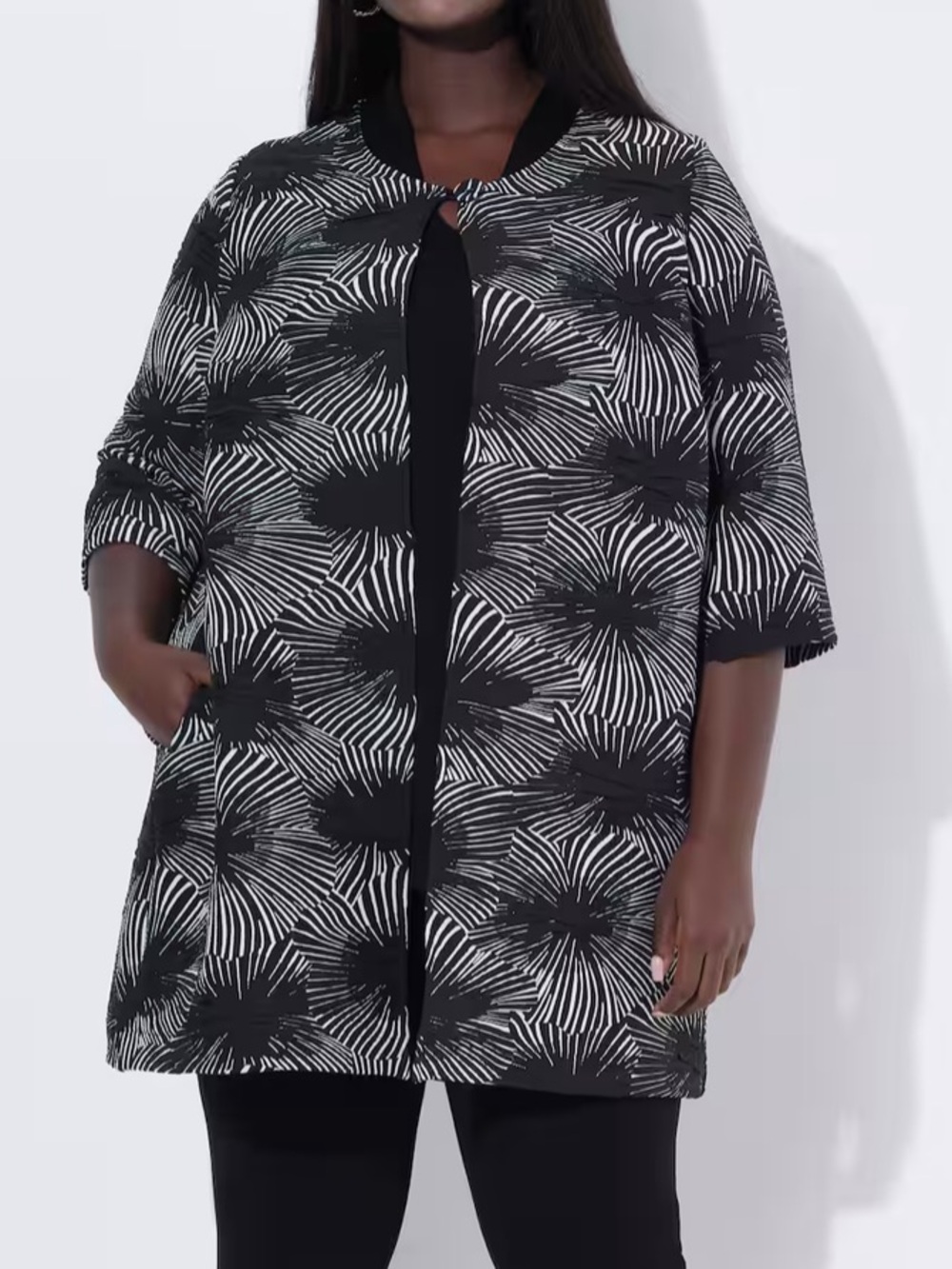 ULLA POPKEN NWT Abstract Textured Jacket Black White Floral Plus Size 24/26